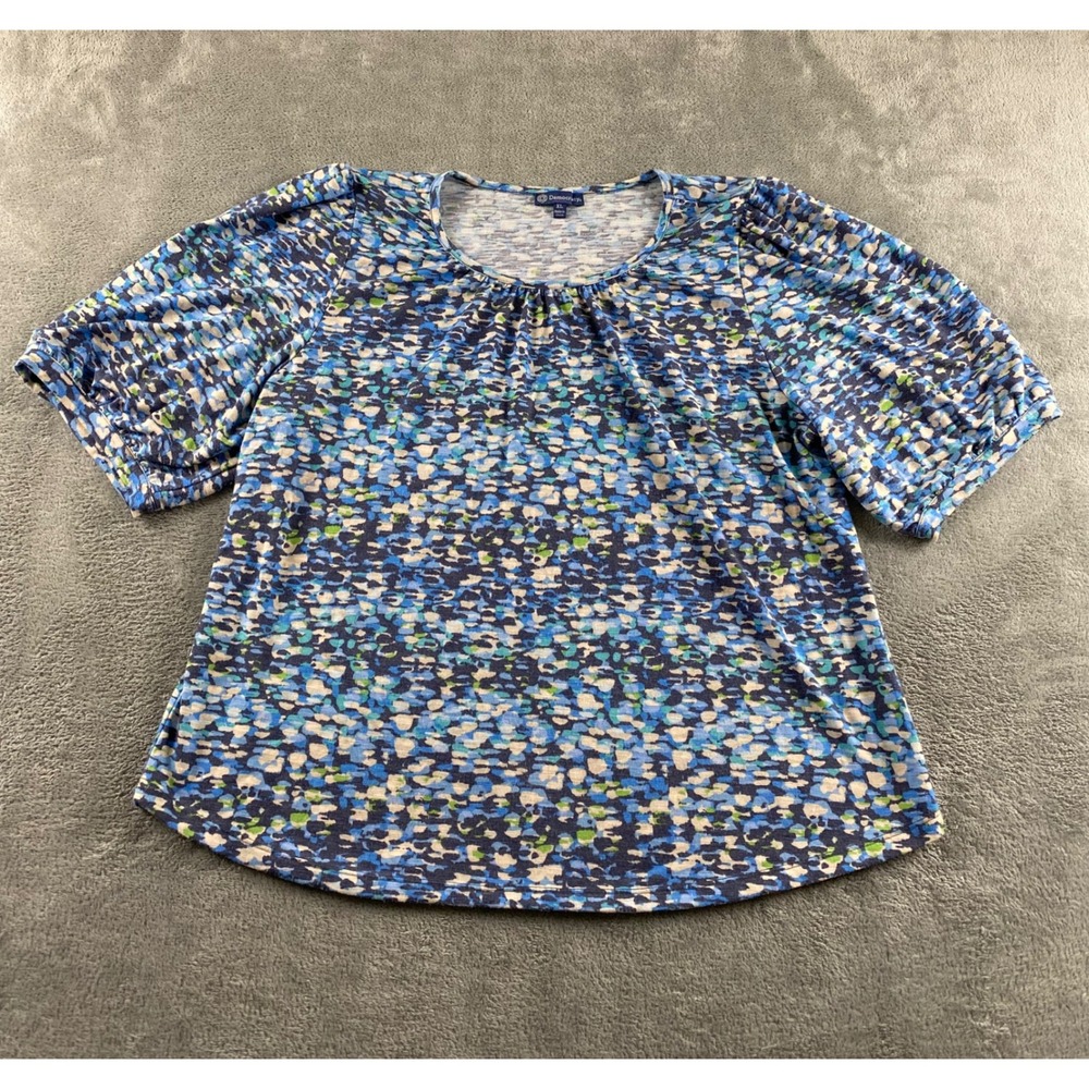 Democracy Womens XL Blue Green Abstract Mosaic Puff Sleeve Scoop Neck Blouse Top